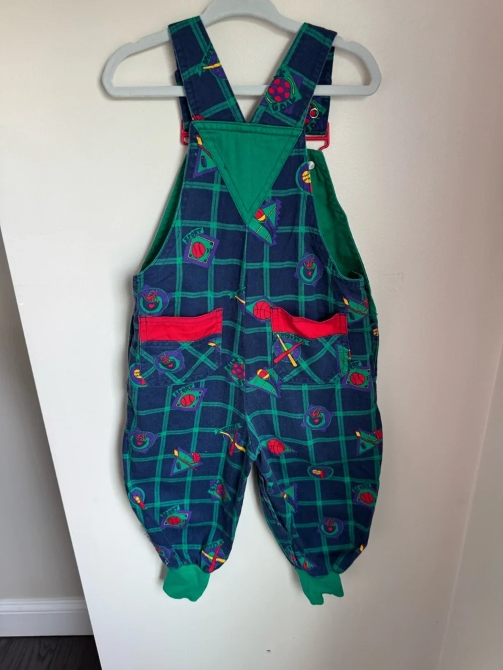 Gymboree Vintage Rainbow Tag Plaid Sports-Print Kids Overalls Size Small